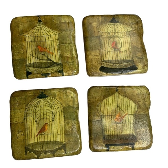 Albeua Stoneware Bird Rectangle Drink Coasters with Iron Works Stand “Holder” - Picture 11 of 14